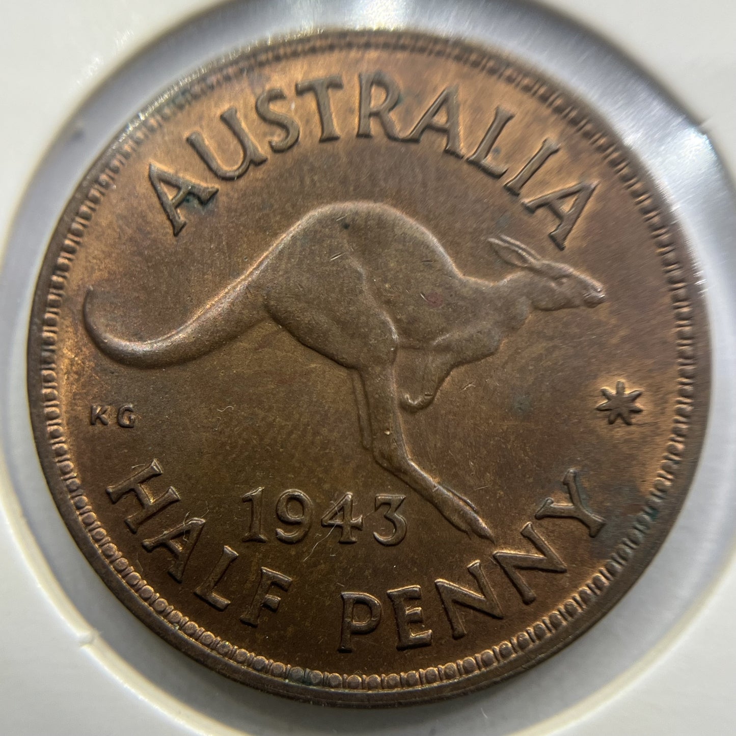 1943 Half Penny Coin - Uncirculated Red - George VI Predecimal Australian