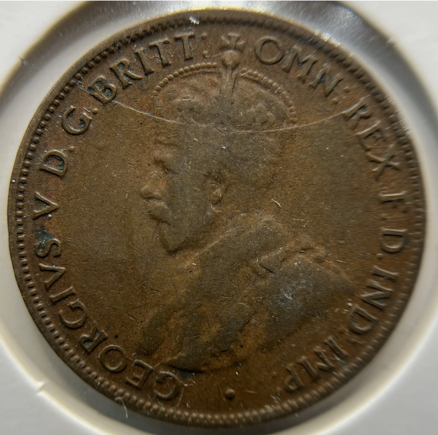 1926 Half Penny Error Coin - Half Moon and Pig Tail VG - Predecimal George V