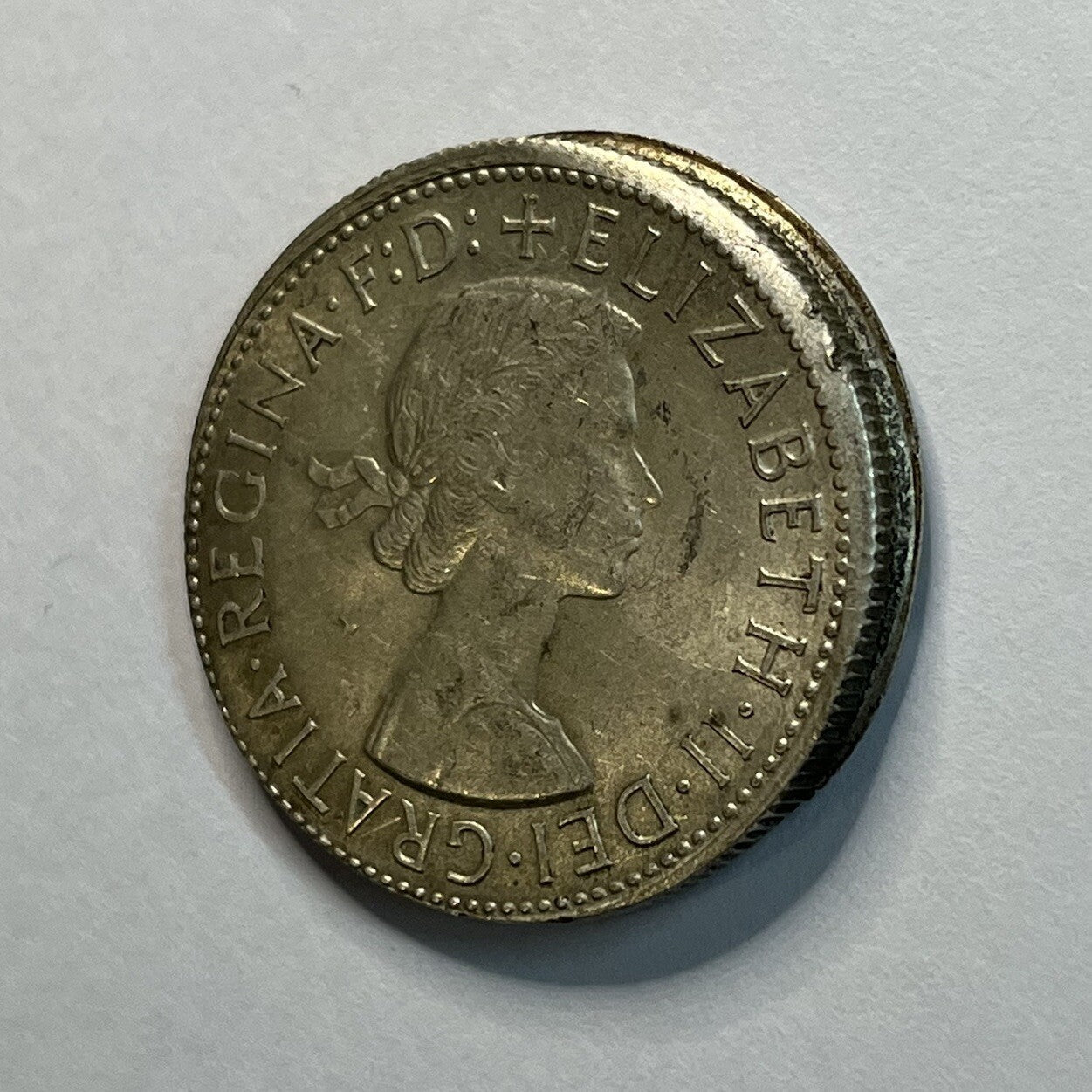 1961 Florin Coin - Off Centre Misstrike Error HUGE LIP Struck out of Collar