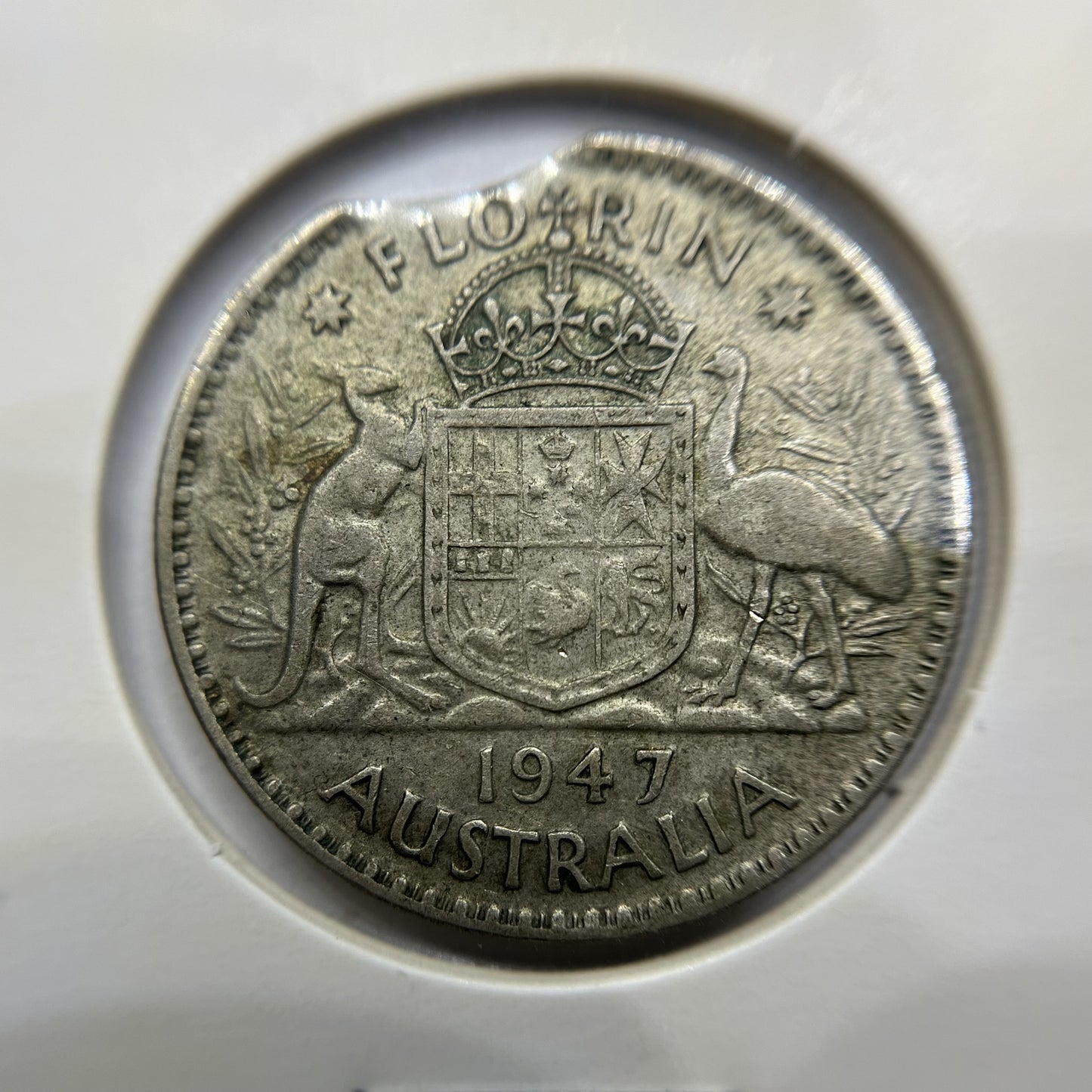 1947 Florin Error Coin - Clipped Planchet Rim Bite - Silver George VI