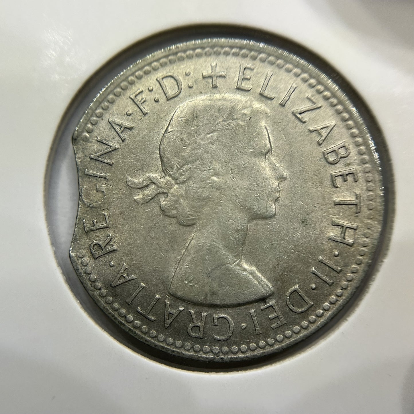 1961 Shilling Error Coin - Clipped Planchet Large Rim Bite - Silver Elizabeth II