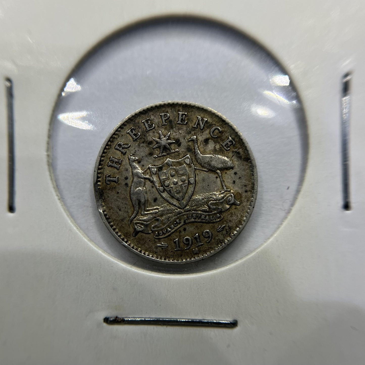 1919 Threepence Error Coin - Clipped Planchet Rim Bite - Silver George V