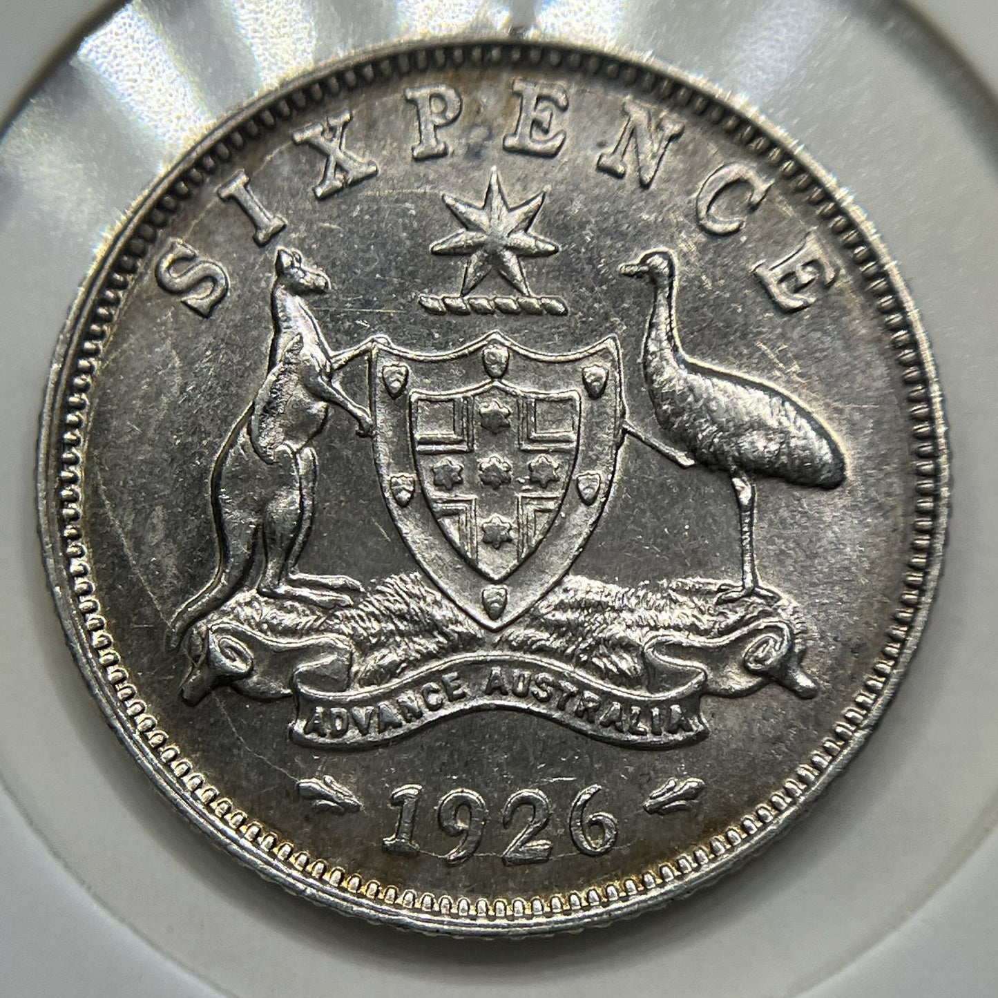1926 Sixpence Coin - about Uncirculated Roo 3rd Arm Error - George V Silver