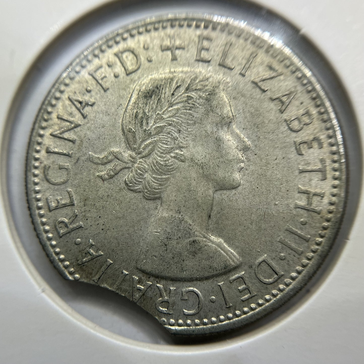 1963 Florin Error Coin - Clipped Planchet Large Rim Bite EF- Silver Elizabeth II