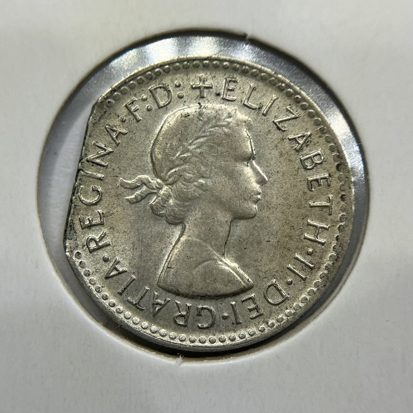 1961 Threepence Error Coin - Straight Clipped Planchet Rim Bite aUNC - Silver