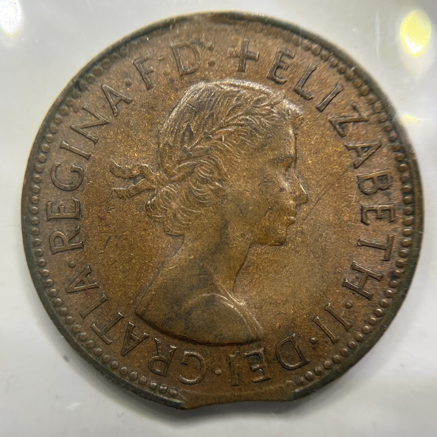 1959 Half Penny Coin - Clipped Planchet Rim Bite Error - Scarce Predecimal Clip
