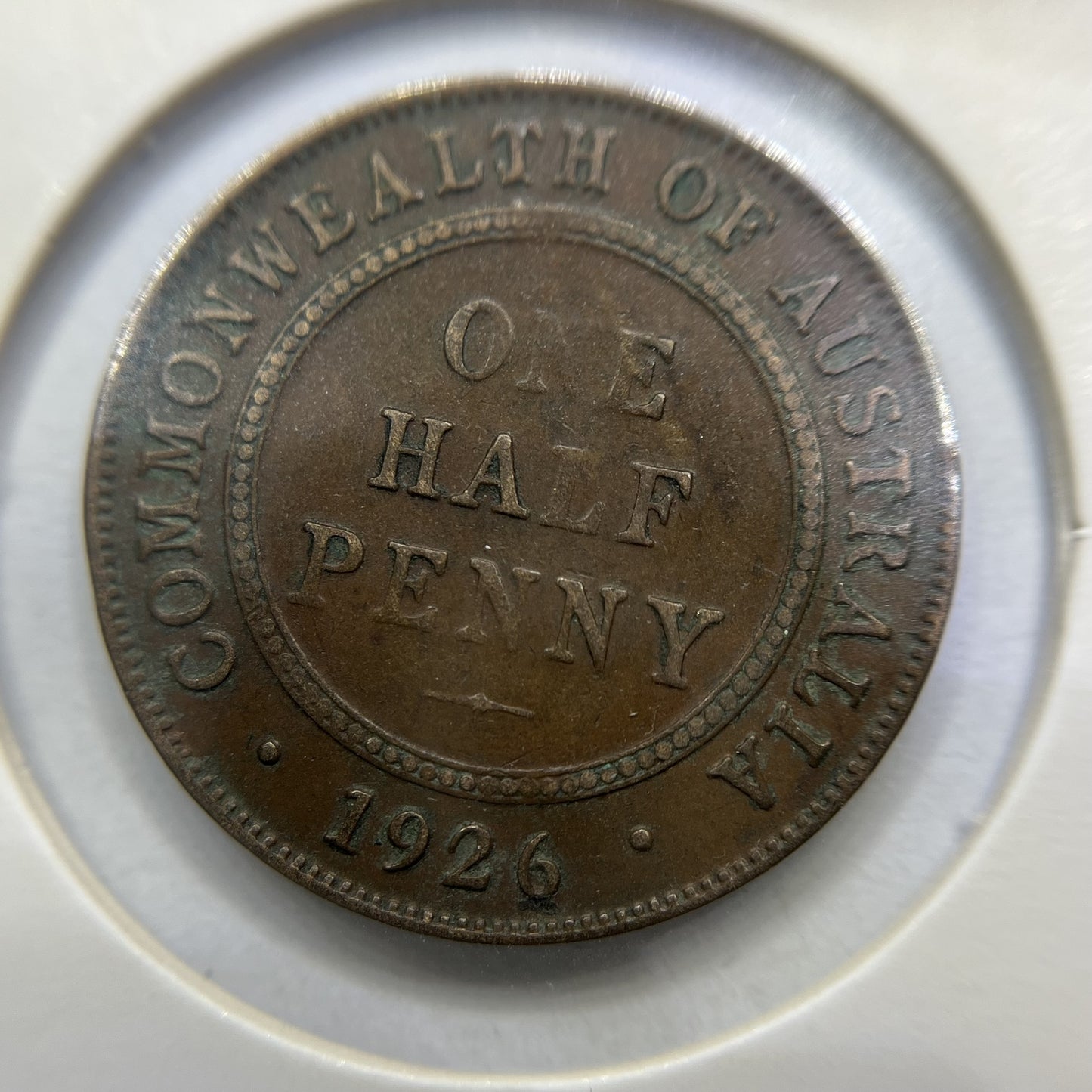 1926 Half Penny Error Coin - Half Moon and Pig Tail Fine - Predecimal George V
