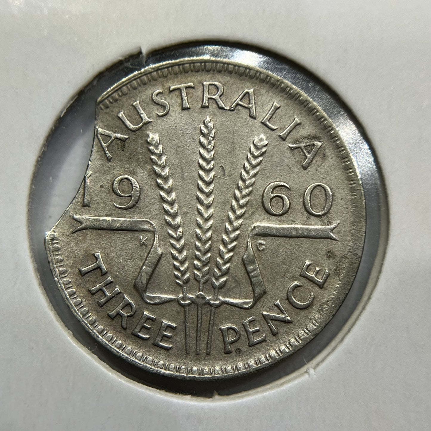 1960 Threepence Error Coin - Large Clipped Planchet Rim Bite Fine - Silver