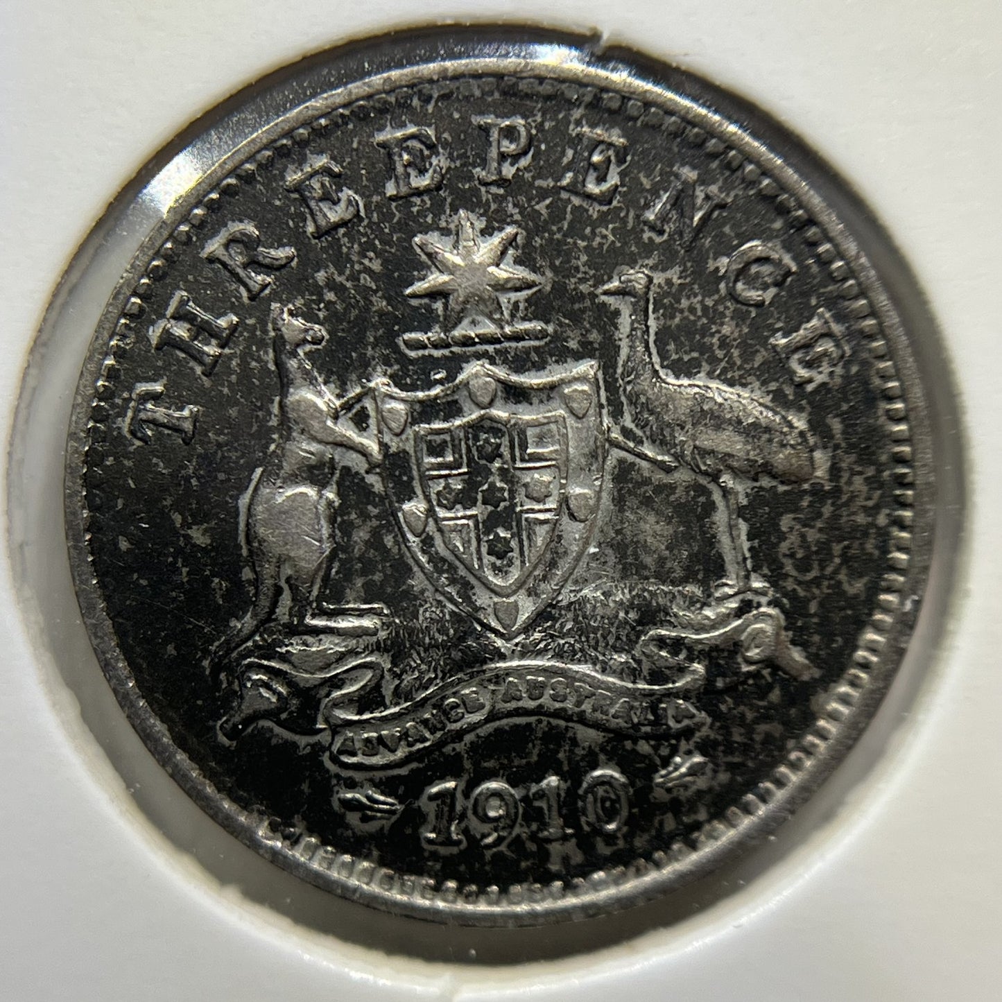 1910 Threepence Coin - about Extremely Fine Gunmetal Tone - Silver Edward VI