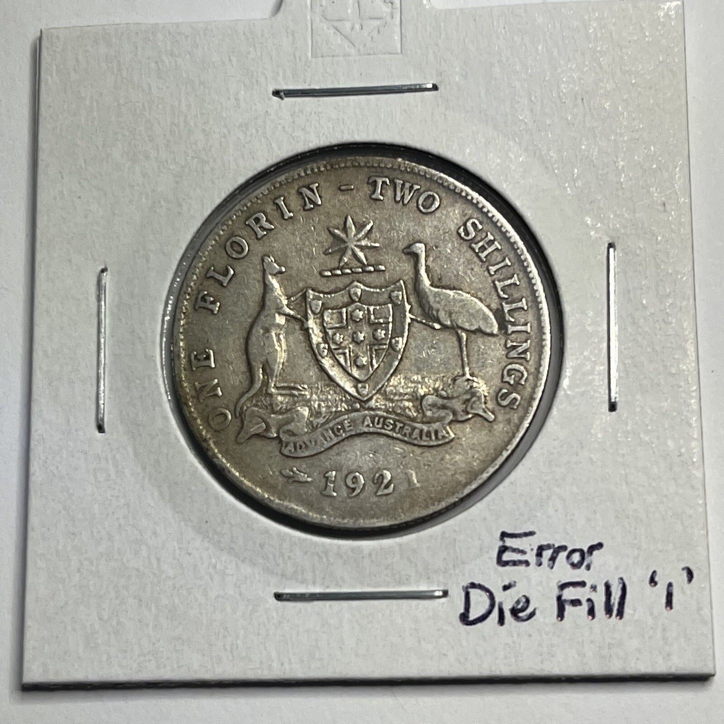 1921 Florin Coin - Die Fill Error "191?" - almost Very Fine - Good Date Silver
