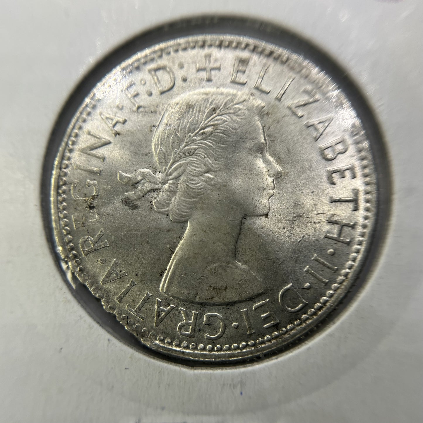 1963 Florin Error Coin - Ragged Clip Rim Bite - UNC Silver Elizabeth II