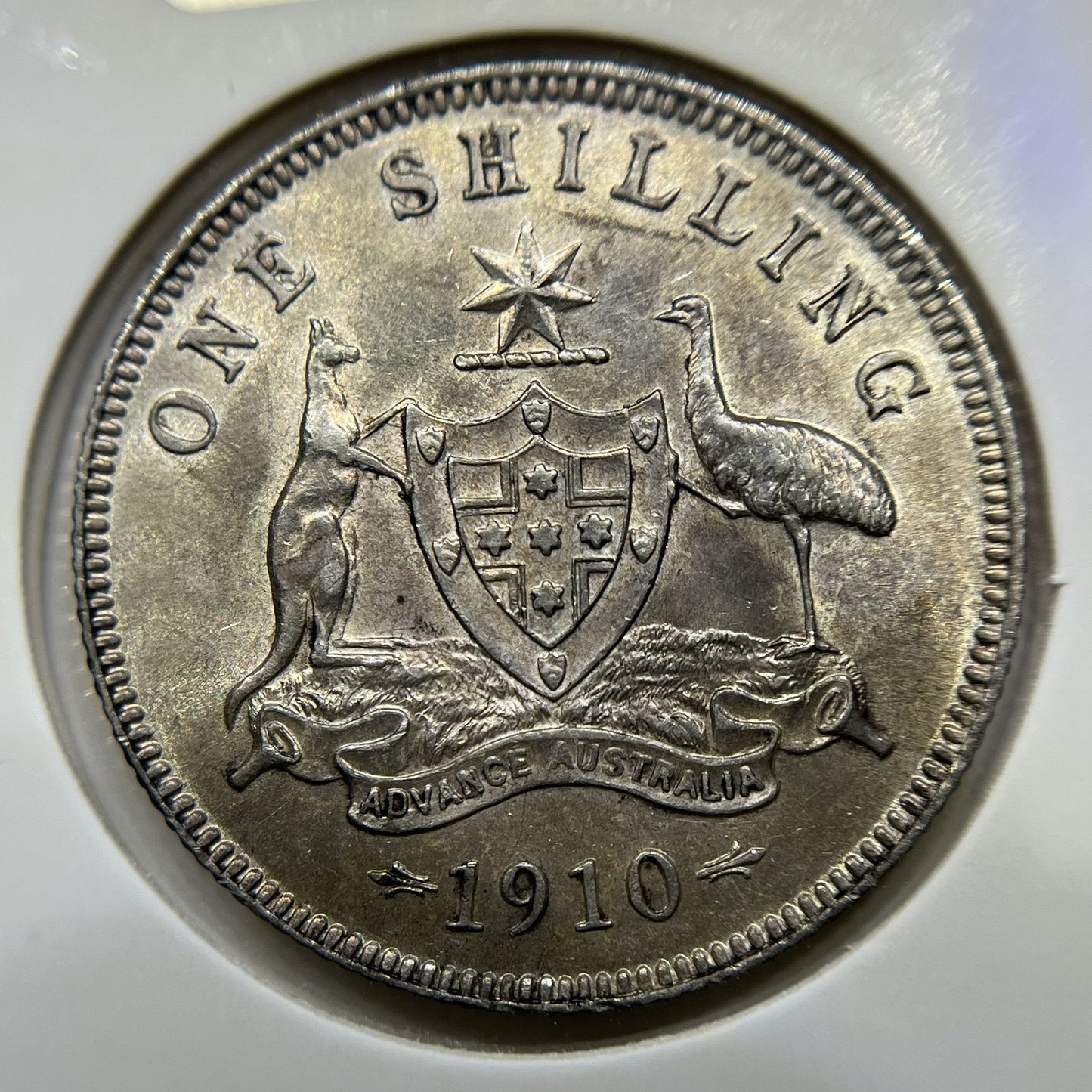 1910 Shilling Coin - Uncirculated patchy tone - Edward VII Silver Predecimal