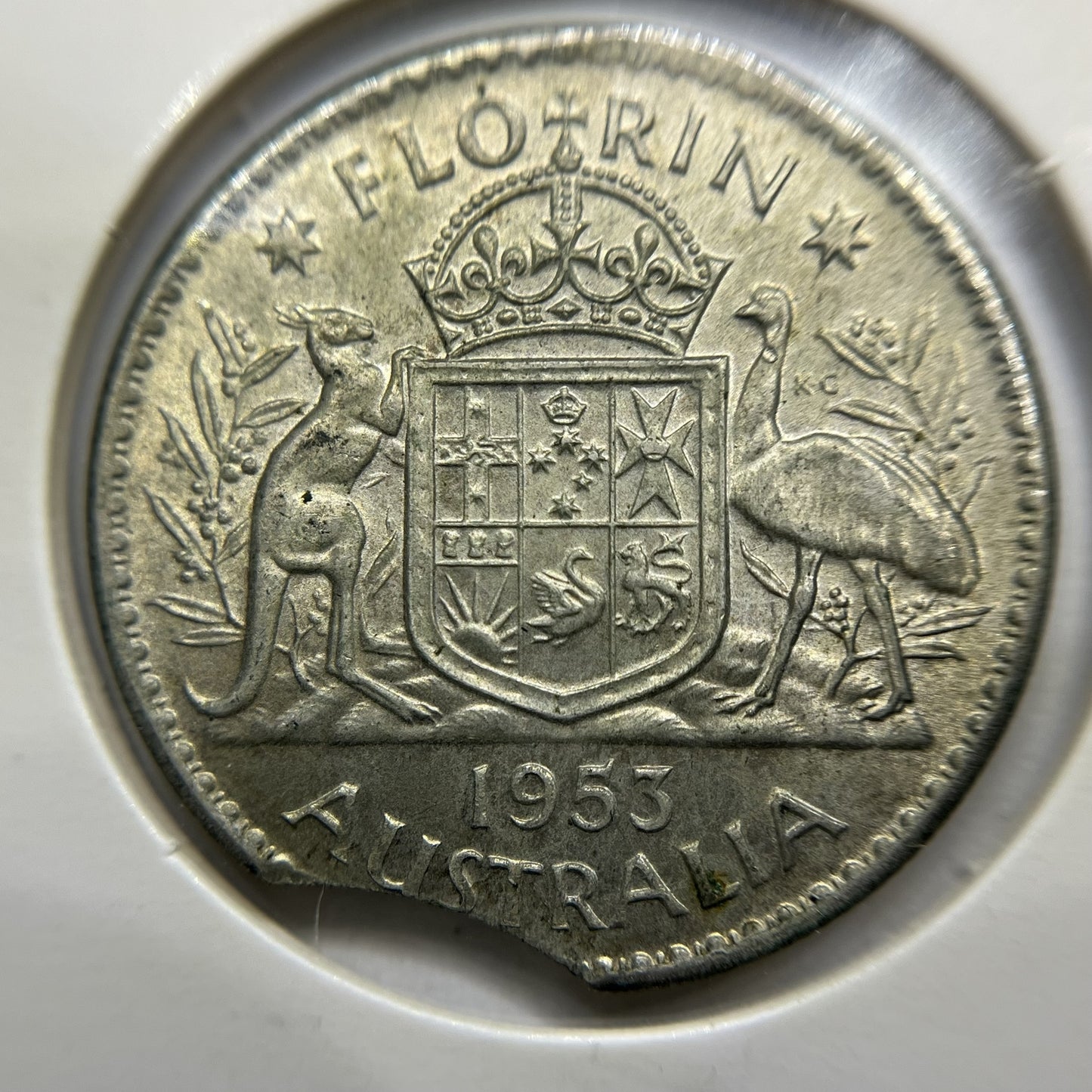 1953 Florin Error Coin - Clipped Planchet Large Rim Bite EF- Silver Elizabeth II