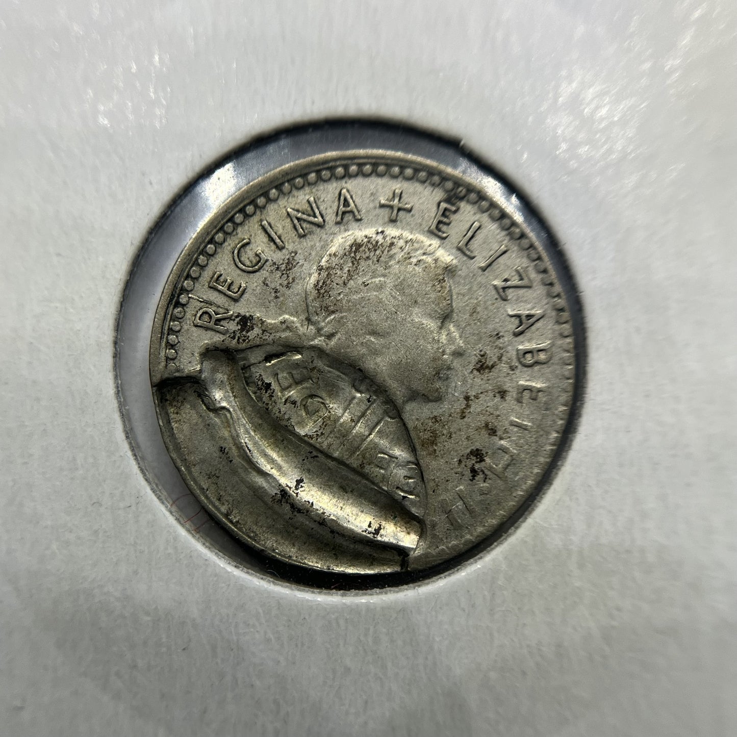 1953 Threepence Error Coin - Partial Obverse Brockage Most Unusual Example RARE
