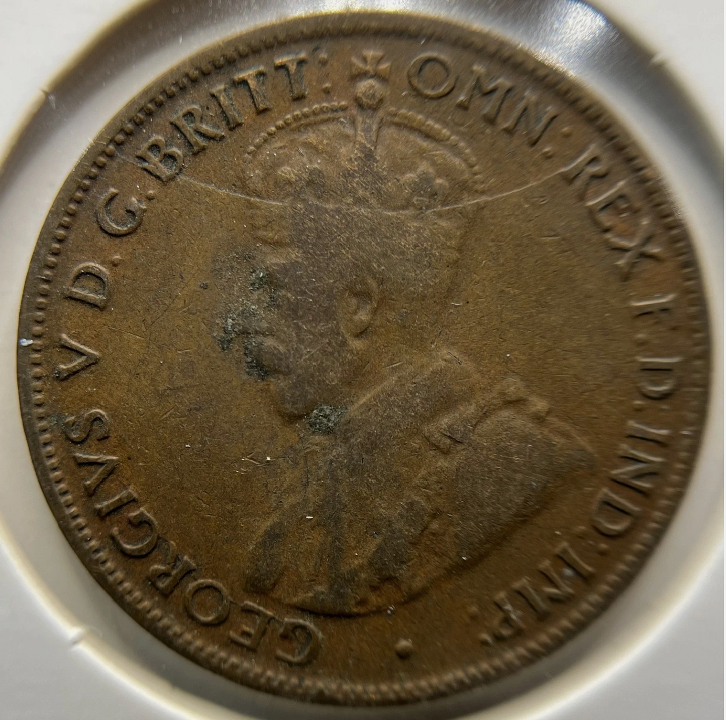 1926 Half Penny Error Coin - Half Moon and Pig Tail VG - Predecimal George V