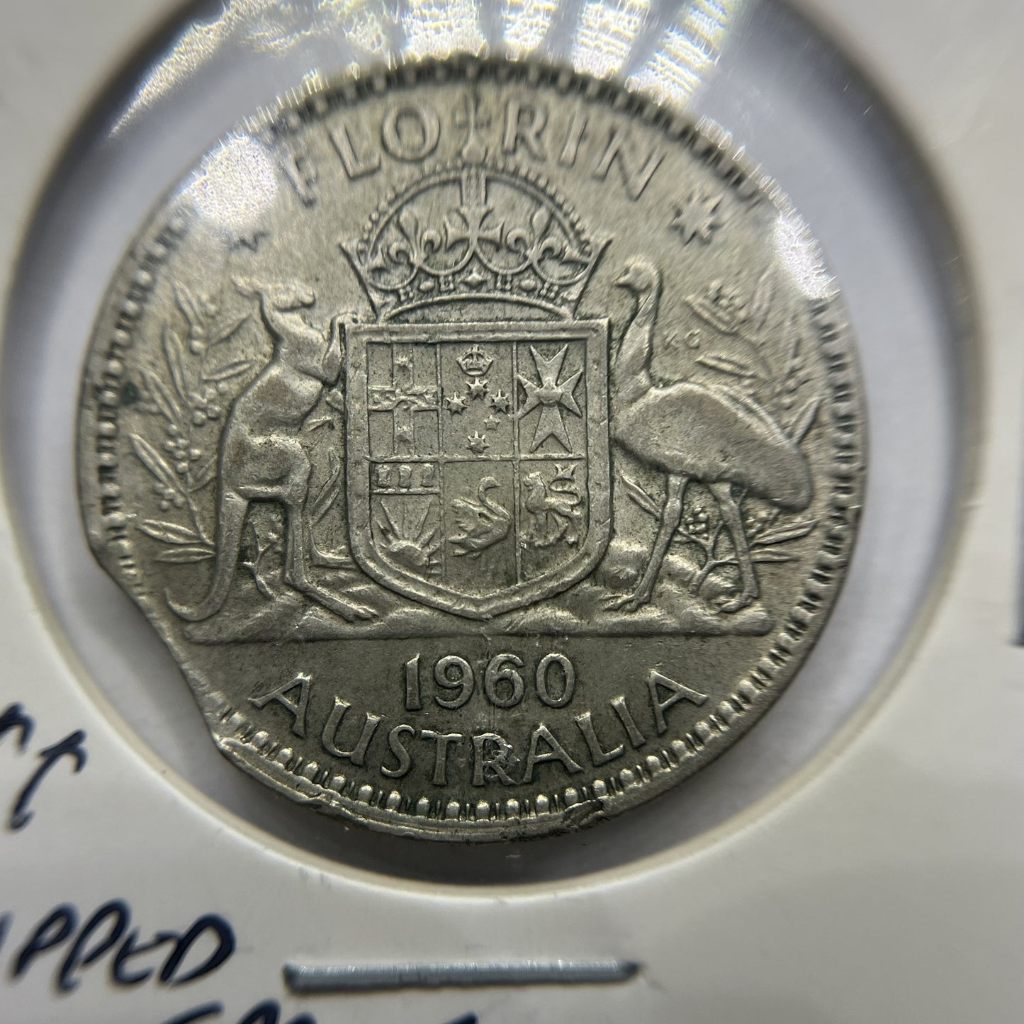 1960 Florin Error Coin - Clipped Planchet Rim Bite - Silver Elizabeth II
