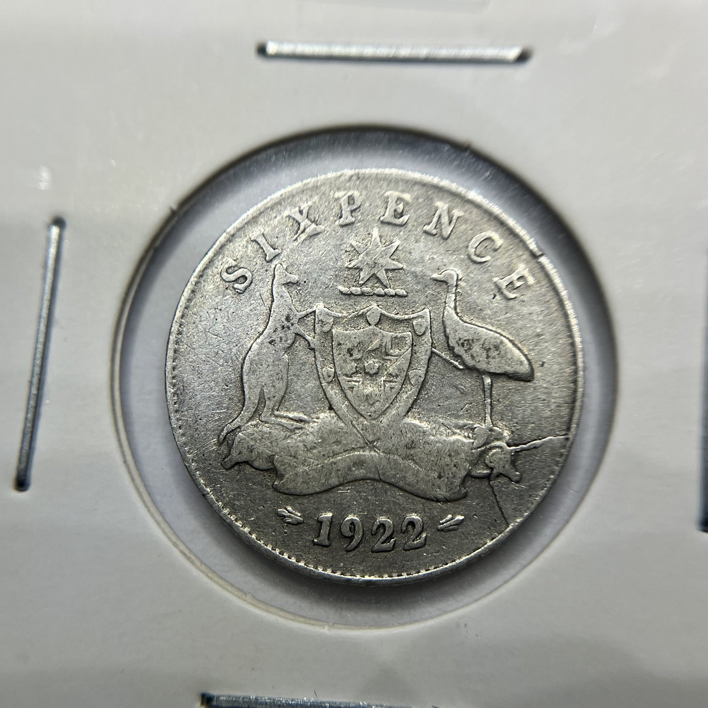1922 Sixpence Coin - Good - 2 large Die Cracks Error George V Silver Australian