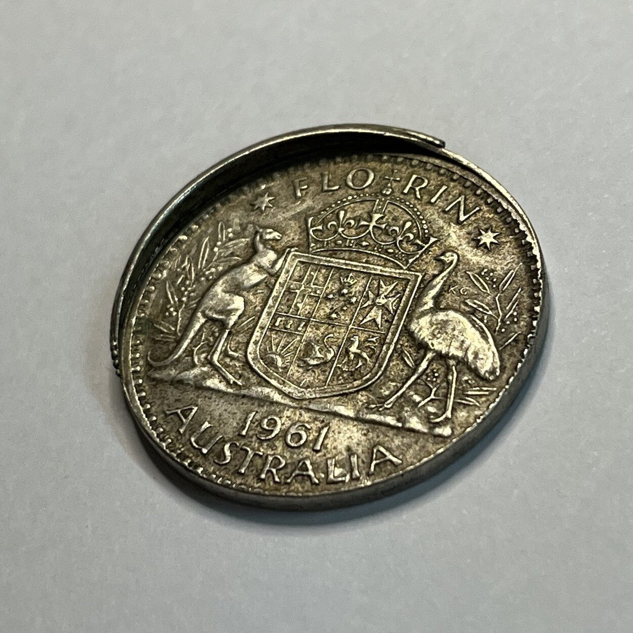 1961 Florin Coin - Off Centre Misstrike Error HUGE LIP Struck out of Collar