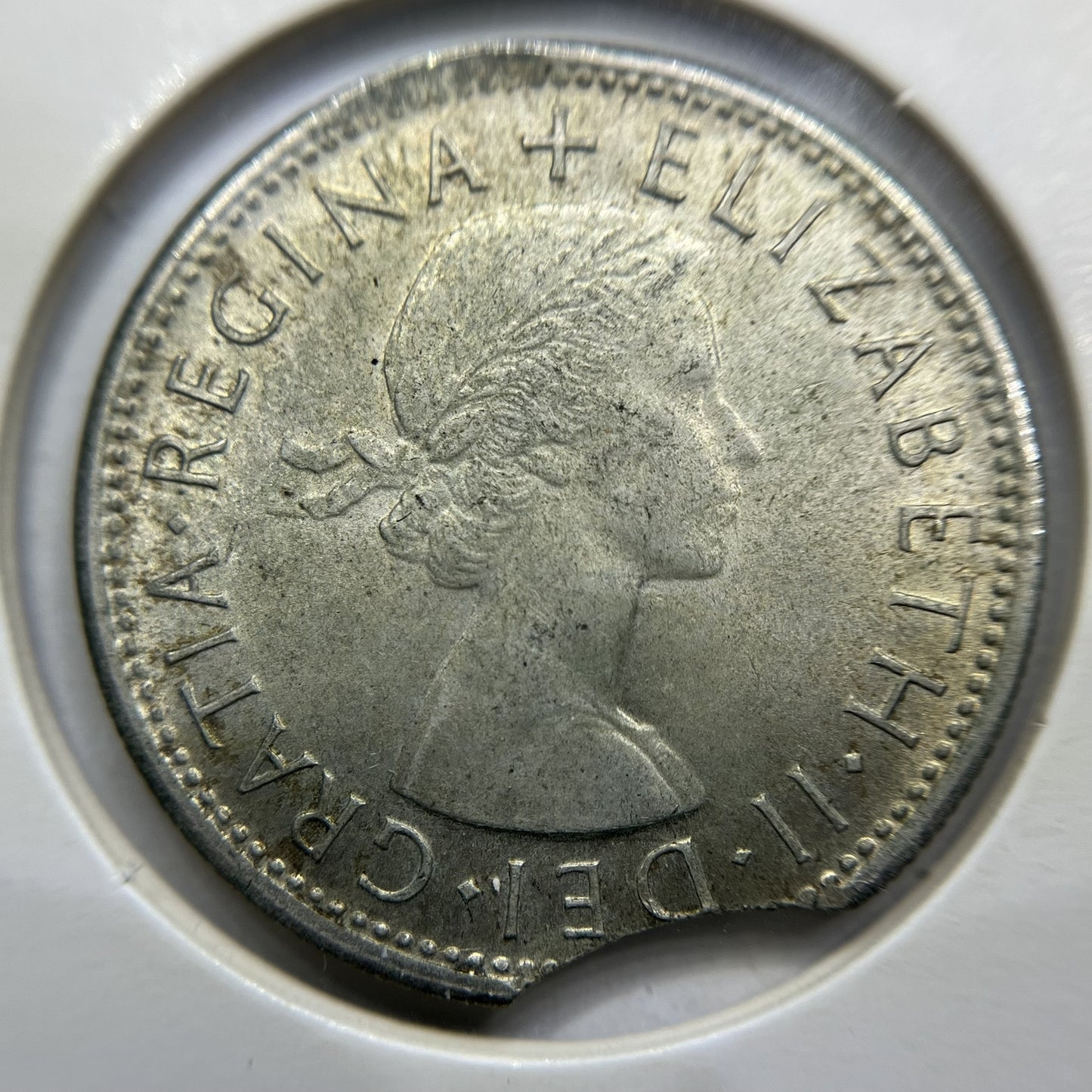 1953 Florin Error Coin - Clipped Planchet Large Rim Bite EF- Silver Elizabeth II