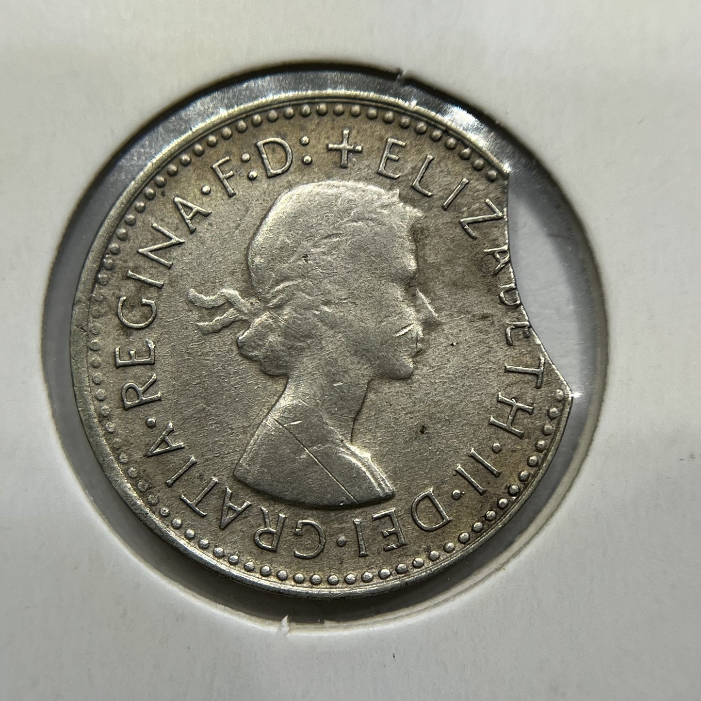 1960 Threepence Error Coin - Large Clipped Planchet Rim Bite Fine - Silver