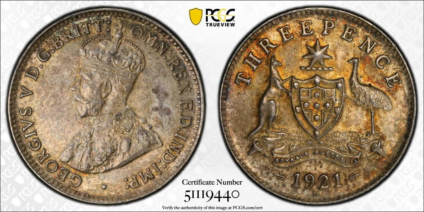 1921 m Threepence Coin - PCGS AU58