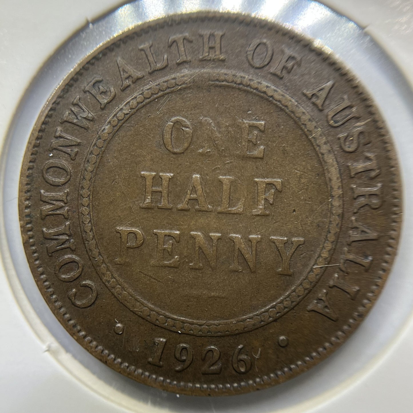 1926 Half Penny Error Coin - Half Moon and Pigtail aFine - George V