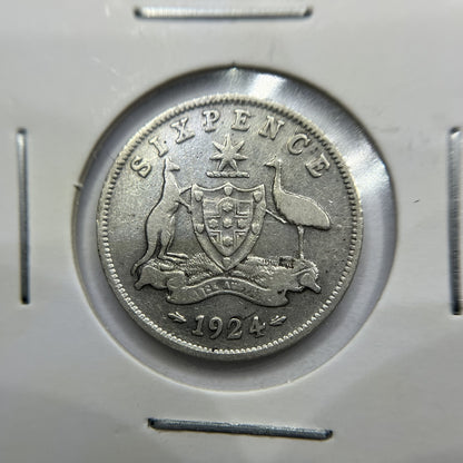 1924 Sixpence Coin - Very Good - George V Silver Predecimal Australian