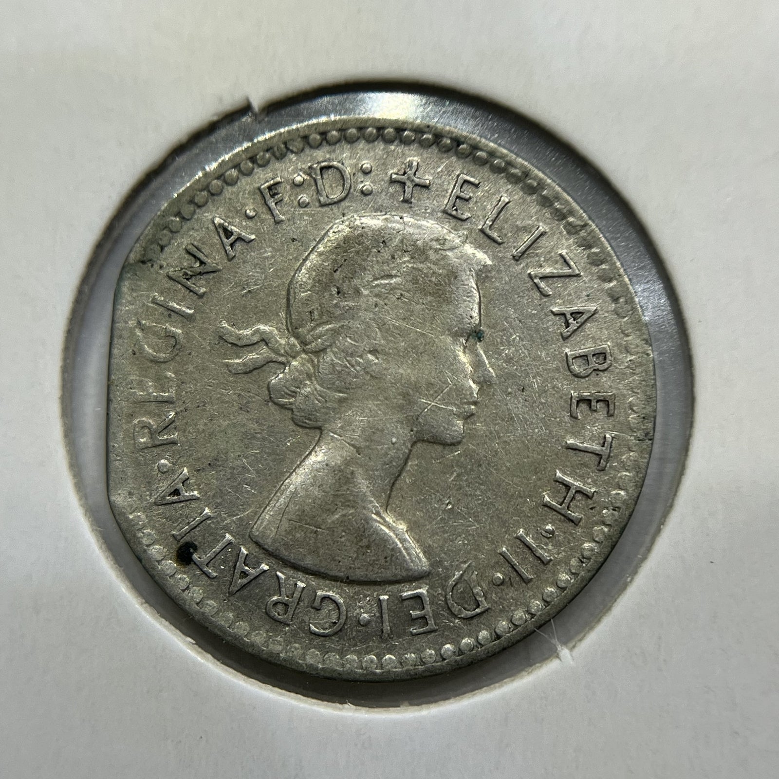 1956 Threepence Error Coin - Straight Clipped Planchet Rim Bite - Silver