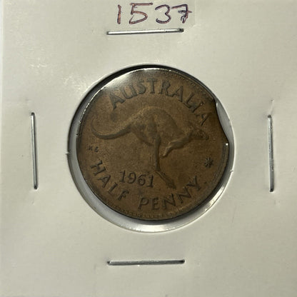 1961 Half Penny Coin - Clipped Planchet Rim Bite Error - Scarce Predecimal Clip