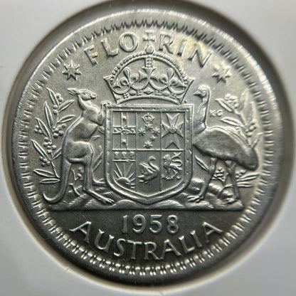 1958 Florin Error Coin - Broad Strike Out of Collar aUNC - Silver lizabeth II