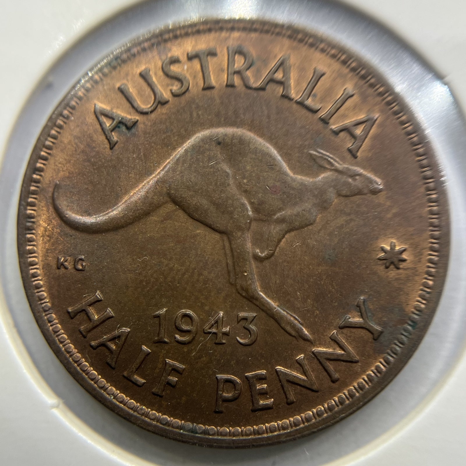1943 Half Penny Coin - Uncirculated Red - George VI Predecimal Australian