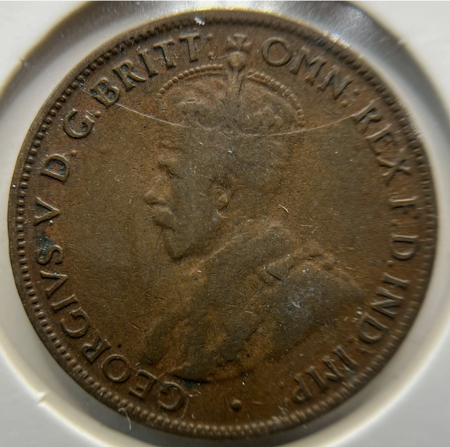 1926 Half Penny Error Coin - Half Moon and Pig Tail VG - Predecimal George V