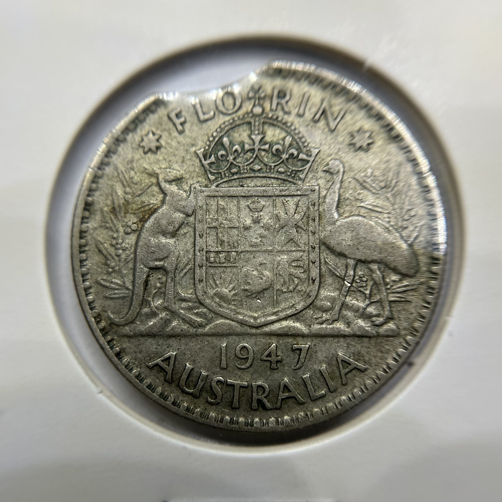1947 Florin Error Coin - Clipped Planchet Rim Bite - Silver George VI