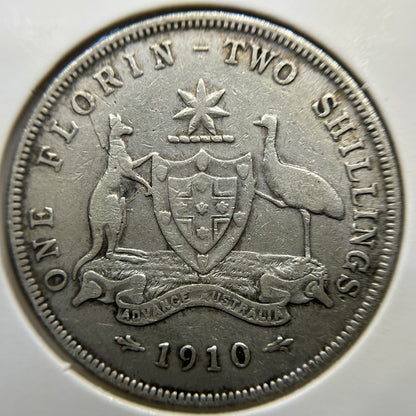 1910 Florin Coin - almost Very Fine - Edward VII Silver Predecimal First Year