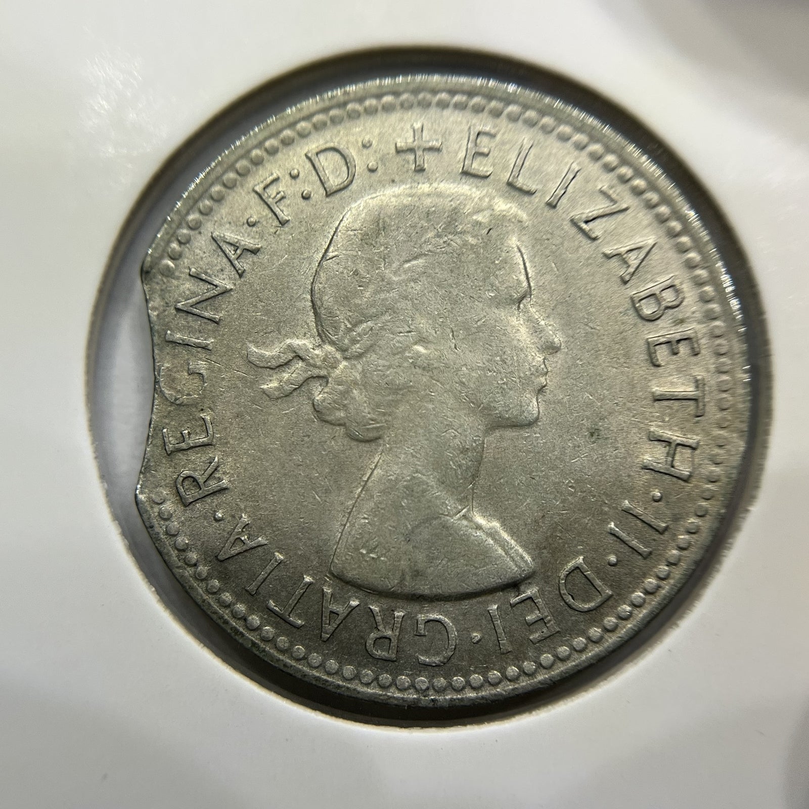 1961 Shilling Error Coin - Clipped Planchet Large Rim Bite - Silver Elizabeth II