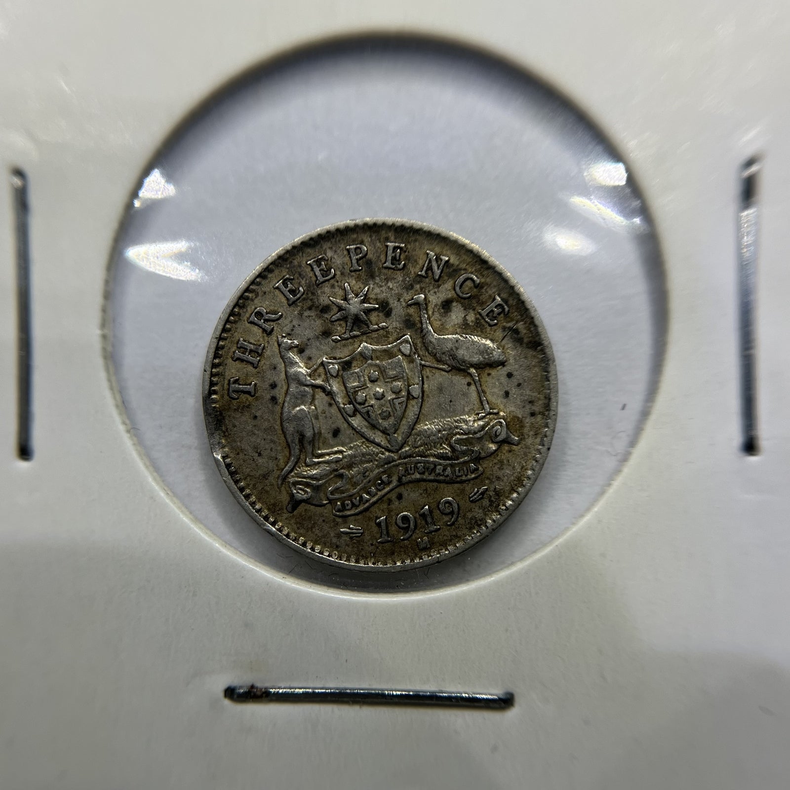 1919 Threepence Error Coin - Clipped Planchet Rim Bite - Silver George V