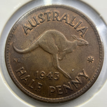 1943 Half Penny Coin - almost Uncirculated - George VI Predecimal Australian