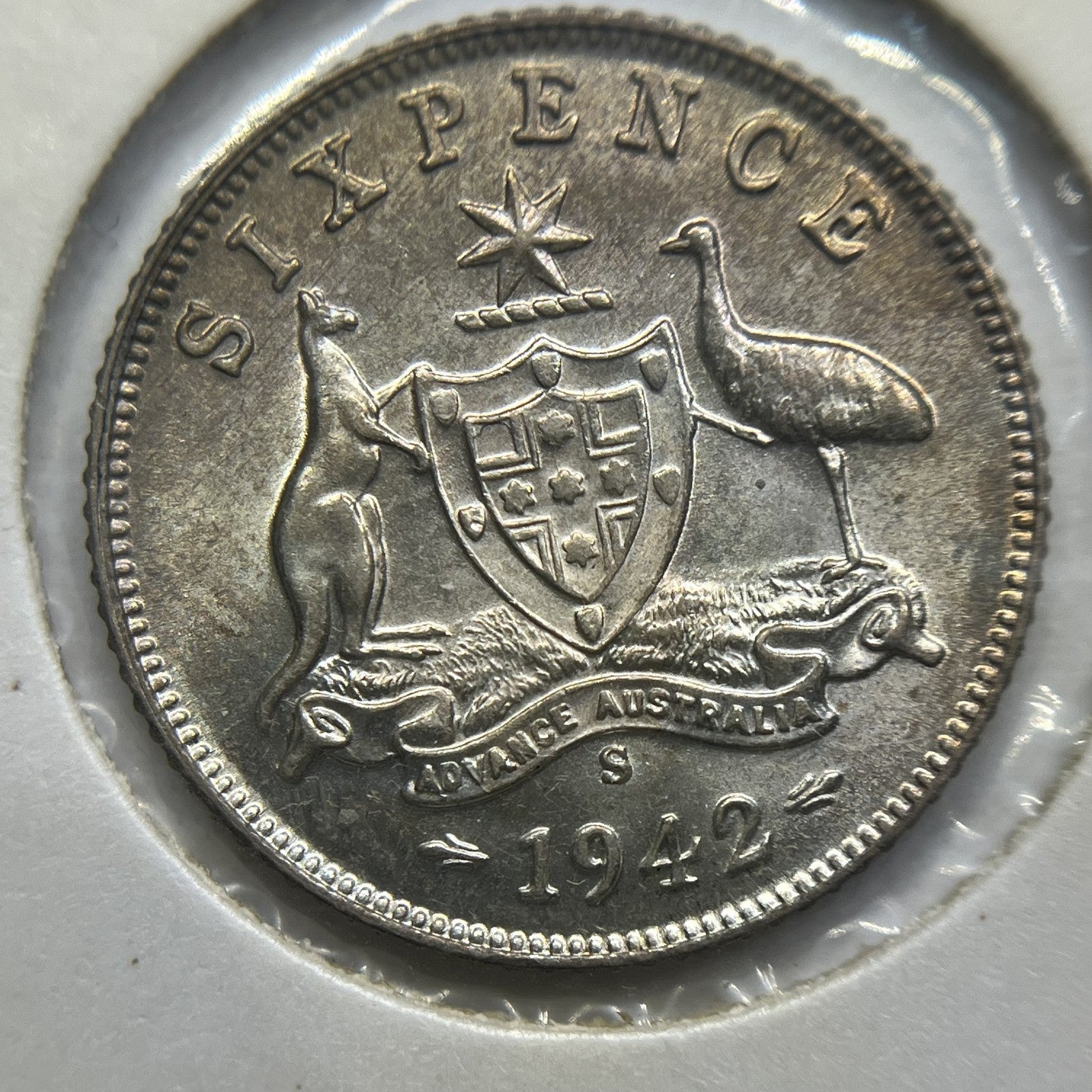 1942 s Sixpence Coin - Uncirculated Toned - George VI Silver Predecimal