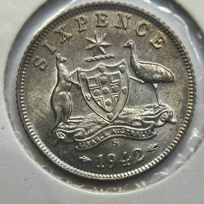1942 s Sixpence Coin - Uncirculated Toned - George VI Silver Predecimal