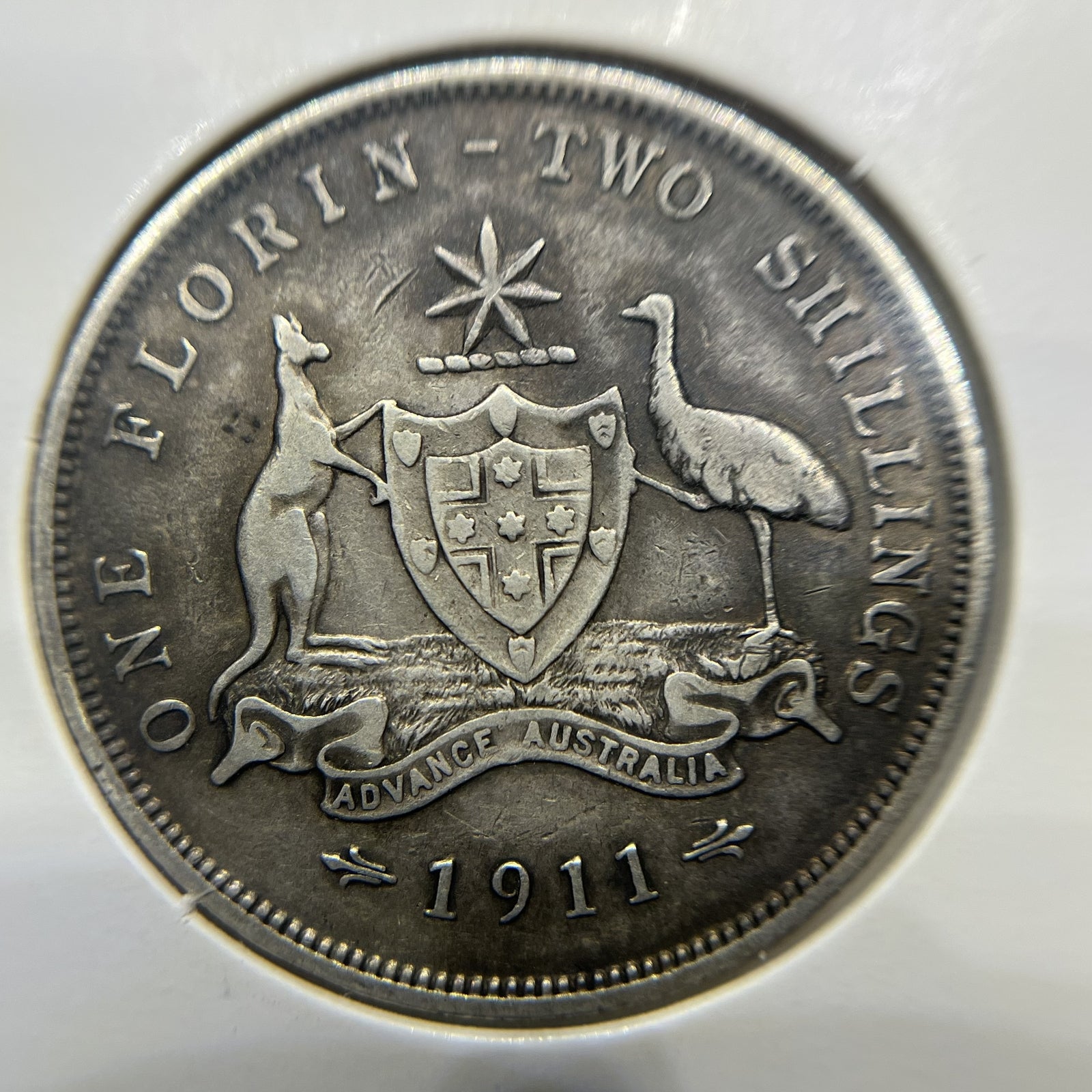 1911 Florin Coin - almost Very Fine 6 pearls - George V Silver Predecimal Scarce