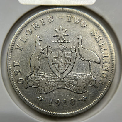1910 Florin Coin - Very Fine - Edward VII Silver Predecimal First Year of Issue