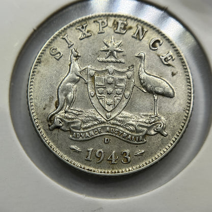 1943 d Sixpence Coin - Fine - George VI Silver Predecimal