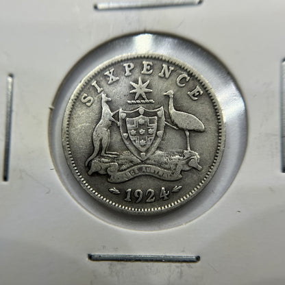1924 Sixpence Coin - Very Good - George V Silver Predecimal Australian