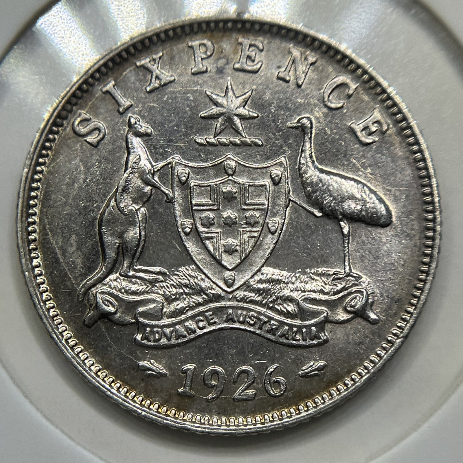 1926 Sixpence Coin - about Uncirculated Roo 3rd Arm Error - George V Silver