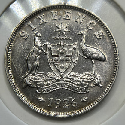 1926 Sixpence Coin - about Uncirculated Roo 3rd Arm Error - George V Silver