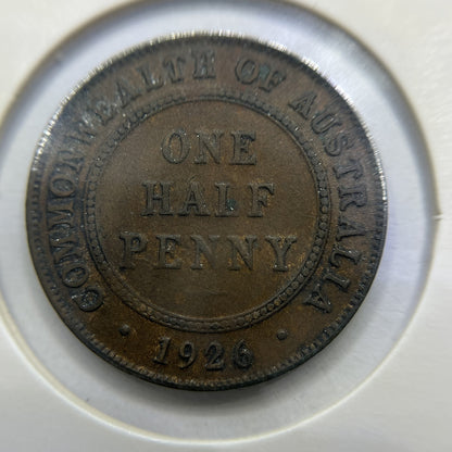 1926 Half Penny Error Coin - Half Moon and Pig Tail Fine - Predecimal George V