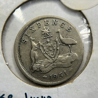 1951 Sixpence Error Coin - Broadstrike Very Good - George VI Australia