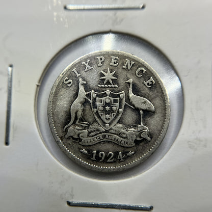 1924 Sixpence Coin - Fine - George V Silver Predecimal Australian