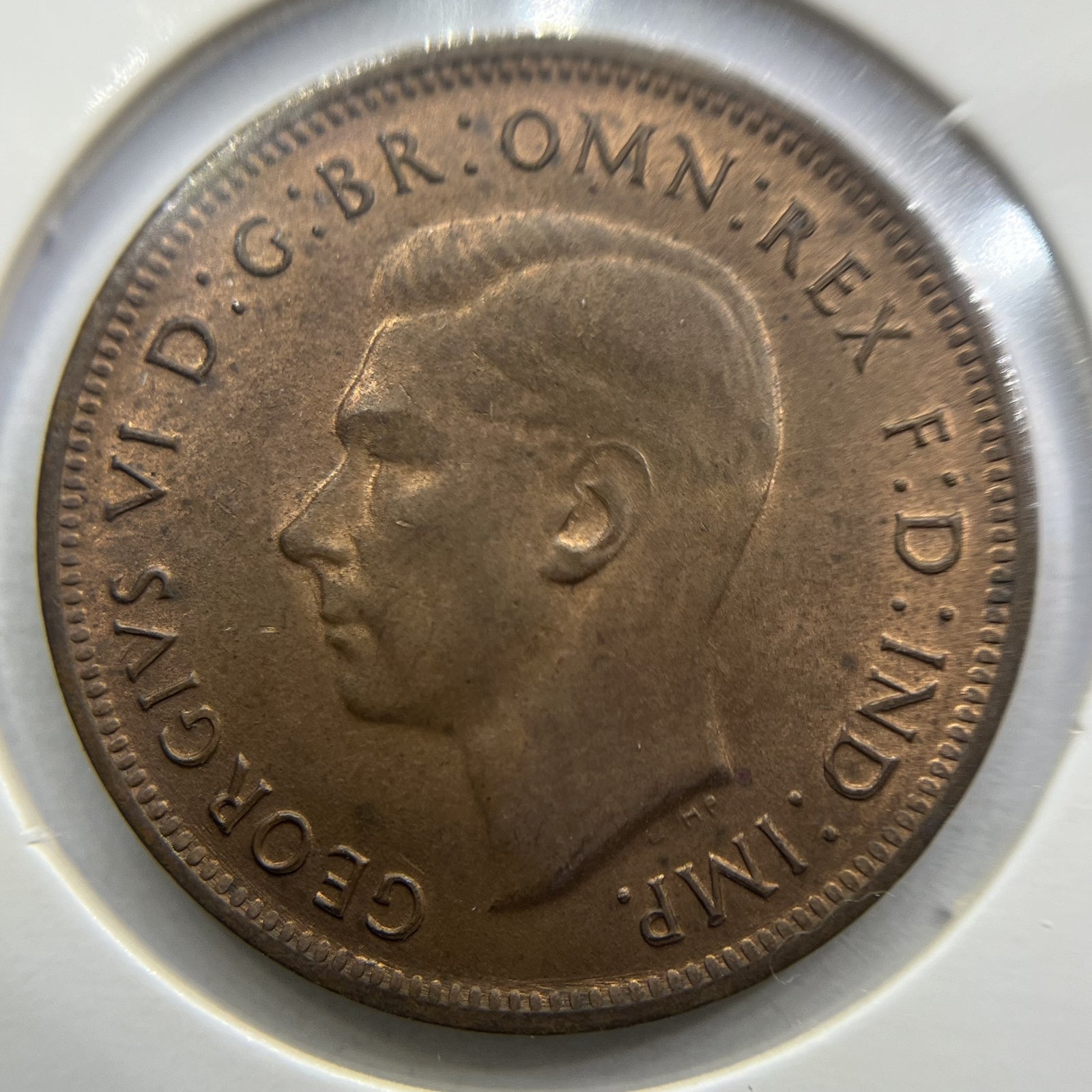 1943 Half Penny Coin - Uncirculated Red - George VI Predecimal Australian