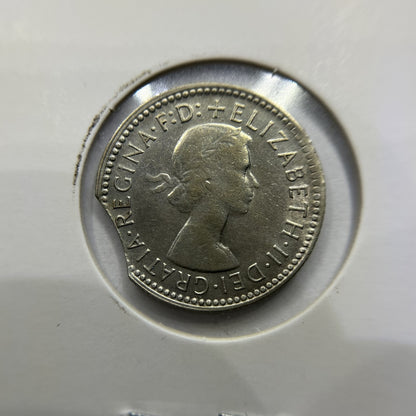 1960 Sixpence Error Coin - Large Clipped Planchet Rim Bite - Silver Elizabeth II